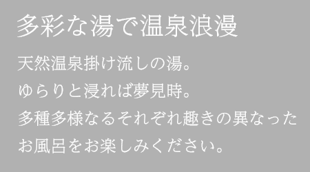 多彩な湯で温泉浪漫　天然温泉掛け流しの湯。ゆらりと浸れば夢見時。多種多様なるそれぞれ趣きの異なったお風呂をお楽しみください。